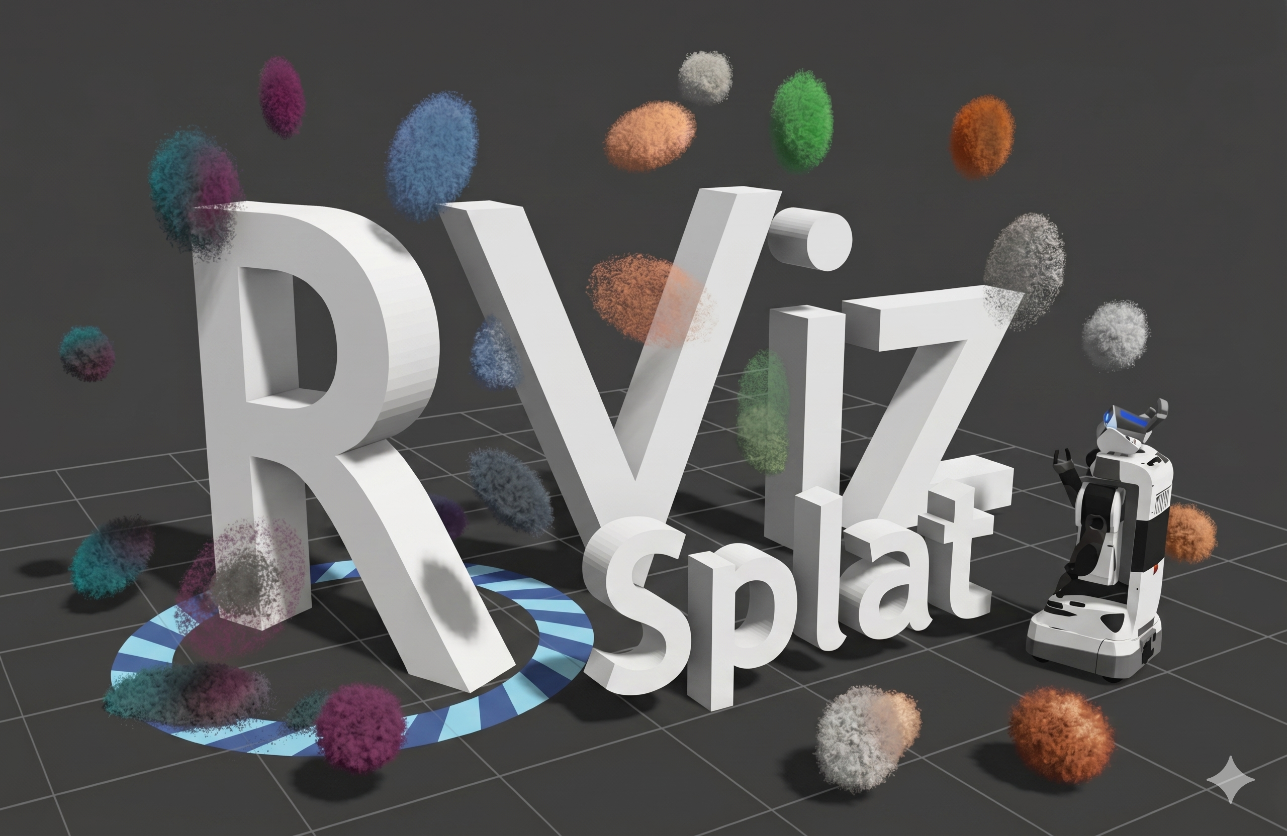 RVizSplat — 3D logo with floating Gaussian splats around a small robot
